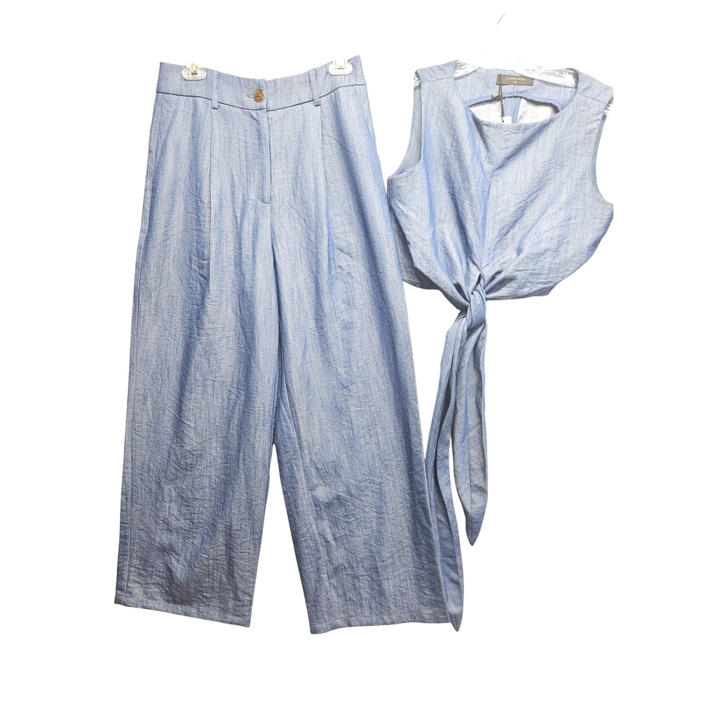 Commense Light Blue 2 Piece Set Crop Tie Front Top Wide Leg Pleated Pants M